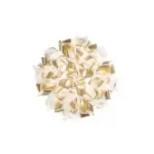 Decorative ribbon bow, gold and cream metallic, layered rosette shape with curved segments and fanned ends against a white backdrop.