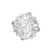 Silver spherical ceiling light with overlapping panels, radiating from a central core with circular openings and a matte metallic finish.