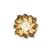 Gold spherical ceiling light, Veli model, with overlapping hammered metallic petals radiating from a central illuminated core, white background.