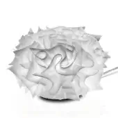 Table lamp, translucent white, sculptural layered design with dark gray circular base and silver power cord on white background.