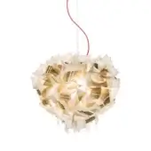 Veli suspension lamp, matte white and gold finish, spherical shape with overlapping petal layers and a red suspension cord.