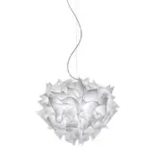Veli suspension lamp, white textured shade, voluminous cloud shape with jagged edges, thin red cord, studio lighting.