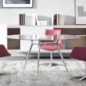 Elegant Presotto P016 table with transparent glass top and silver metal built with three aluminum legs