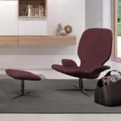 Exceptional Presotto Clarke lounge chair and ottoman with burgundy fabric upholstery and matt black varnished metal swivel base