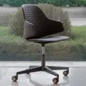 Distinguished Reflex Vela office chair with dark brown leather upholstery and polished aluminum central base with wheels