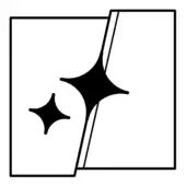 Black and white graphic featuring a square frame with two black starburst shapes, creating a dynamic composition with angular lines and high contrast.