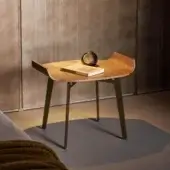 Elegant Bonaldo Olos nightstand with curved wood top and dark bronze finished metal legs