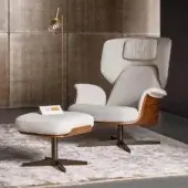 Exceptional Bonaldo Olos lounge chair with curved Canaletto Walnut wood and light gray textile upholstery with matte finish