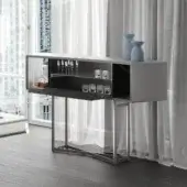 Superior Reflex Space bar cabinet with shaped wooden structure, Marble glass, and metallic finish in smooth matte grey