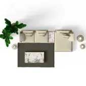 Modular sofa with beige and marble patterned upholstery, gray area rug, wooden accents, and green plant on white background.