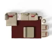 Modular sofa cruise teak composition b, beige linen upholstery, coral pillows, red area rug, light gray flooring, studio setting.