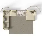 Beige modular sofa with light wood frame, brass lamps, mountain artwork, and gray-brown textured rug on white background.