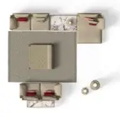 Modular sofa set, beige linen, boxy design with red pillows, gray-brown rug, woven teak coffee table, mountain artwork, studio composition.