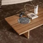 Distinguished Bonaldo Moon coffee table with warm brown wood and dark marble-effect ceramic insert crafted in Italy