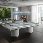 Superior Reflex Tau pool table with light blue playing-felt and lacquered wood in a metallic finish crafted with quilted leather bases