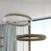Superior Reflex Cerchio suspension lamp with a broad ring-shaped shade in muted light bronze or grey wood finish