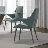 Distinctive Reflex Origami chair with faceted wood structure, muted teal fabric upholstery and bronze finished metal legs