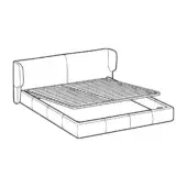 Sofa bed line drawing, monochrome, rectangular headboard with cushioned top and low box base, extended seating reveals slatted metal support.