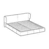 King size bed line drawing, white background, rectangular platform, slatted base, rounded headboard, geometric grid frame, minimalist design.