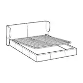 Queen bed line drawing, black and white, rectangular headboard with quilted stitching, platform frame with slatted base and box mechanism.