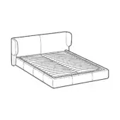 Queen bed line drawing, black and white, rectangular headboard with curved top and vertical panels, minimalist geometric design.