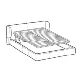 Queen bed line drawing, black and white, rectangular base with quilted sides, curved headboard, raised slatted platform, underbed storage.