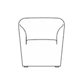 Armchair line drawing, black on white, rounded high back, curved armrests, rectangular base, simplified schematic form, design illustration.