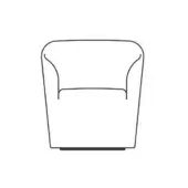 Armchair line drawing, white background, rounded form, curved backrest, flared armrests, circular swivel base, minimalist style.