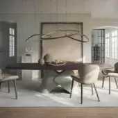 Exceptional Cattelan Italia Scott Wood table with boat-shaped planks in dark stained finish and intersecting metal plates