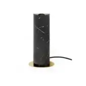Table lamp, black marble and brass, cylindrical shape with grey veining and gold accent, minimalist design on white background.