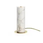 Table lamp with marble-effect white and grey body, brass circular base, and dark brown cord, studio shot on white background.