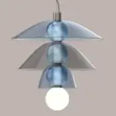 Pendant lamp, brushed silver, three-tiered inverted dome shades with translucent blue spheres, modern minimalist design, studio lighting.
