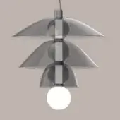 Pendant lamp, silver metal, three conical overlapping shades suspended from a central rod, emitting white light, mid-century modern design.
