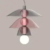 Pendant lamp, silver metal and reddish-pink glass, tiered conical shades with spherical elements, suspended by a silver cord.