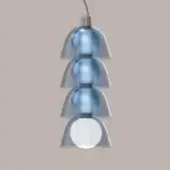Pendant light, blue and white, four-tiered conical shades with silver metallic bands and a silver suspension cord.