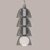 Pendant light, brushed silver metal, four conical shades stacked vertically on a slender rod, labeled “size b cold neutral”.