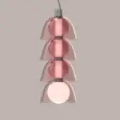 Pendant light, pink metal, four-tiered dome shades with angular frames, connected by gray cylinders, suspended by silver cable.