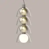 Pendant light, gold and white, four-tiered cascading design with brushed silver metal dome housings suspended by a silver cable.