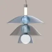Pendant lamp, metallic gray and silver, tiered conical design with translucent blue spheres and a dark cable suspension.