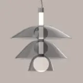 Pendant lamp brushed aluminum tiered design, two conical shades, rounded bottom, minimalist modern style, size c cold neutral.