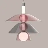 Pendant light, pink metal, three-tiered design with dome and sphere shapes, silver mounting, mid-century modern style.