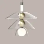 Pendant light, clear glass shades, brushed gold spheres, three-tiered design, cylindrical white light source, metallic housing, suspended fixture.