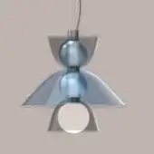 Pendant lamp, blue glass and silver metal, symmetrical dual-orb design with wing-like frame and conical shade.