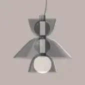Pendant lamp, silver-toned metal, multi-tiered circular design with bowl, cylinder, and inverted cone elements in symmetrical arrangement.