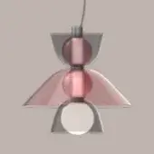 Pendant light, metal and glass, layered design with gray wings, rosy-red conical shade, and white glass diffuser, mid-century modern style.