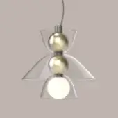 Pendant light fixture, clear acrylic and gold, sculptural figure design with dual spherical elements and frosted bulb, suspended by silver cord.