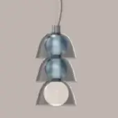 Pendant light, glass and metal, three-tiered with muted blue-gray and clear spherical globes, conical gray shades, brushed metal finish.
