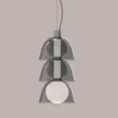 Pendant light fixture, brushed aluminum, three tiered bell shades with circular cutouts and gray metal bands, suspended by a curved cord.
