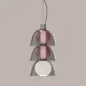 Pendant light, silver and rose gold, three conical shades stacked on a cylindrical core with a white bottom shade.