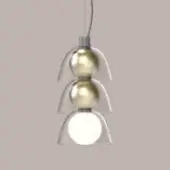 Pendant light, gold and white metal, three-tiered spherical shades within silver bell housings suspended by a silver cord.